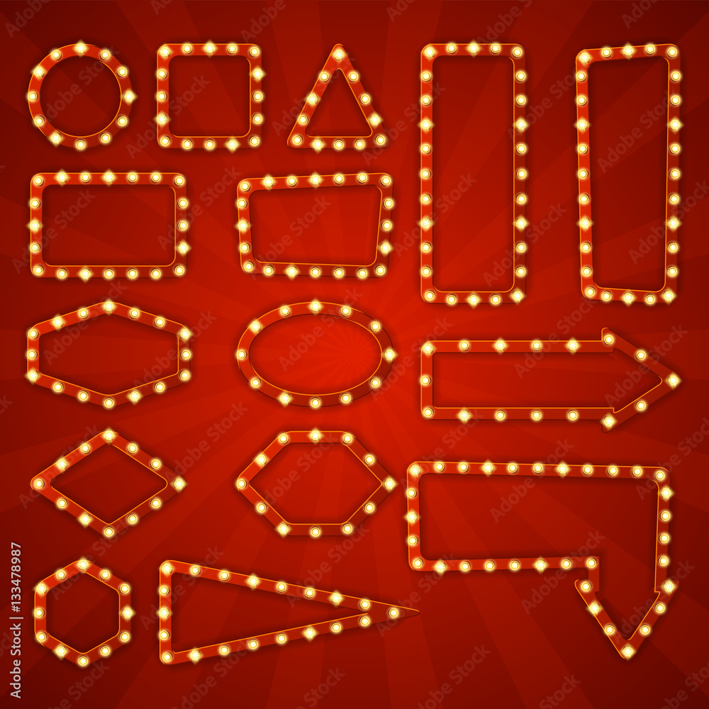 Big set of retro frames with glowing lamps. Collection of banners with shining lights in vintage style isolated on red background. Vector illustration.