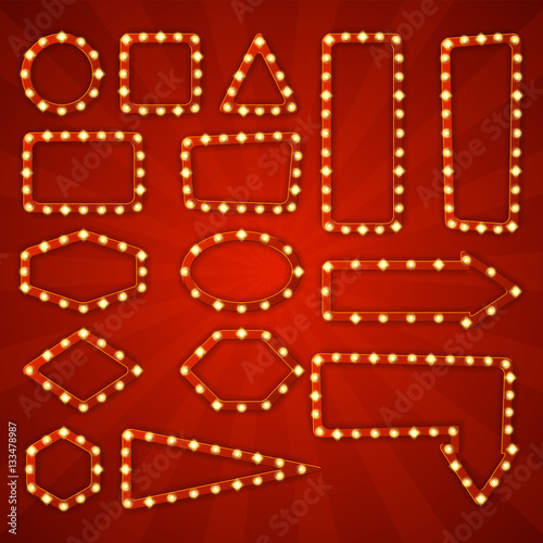 Big set of retro frames with glowing lamps. Collection of banners with shining lights in vintage style isolated on red background. Vector illustration.