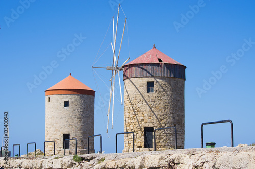 Windmills in the port of Rhodes, Greece