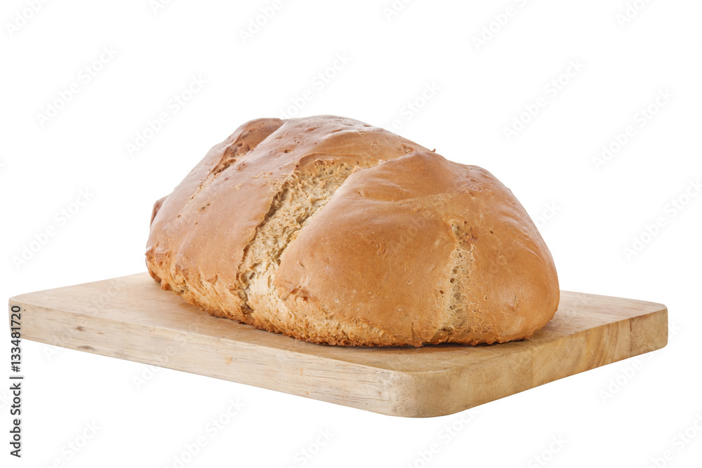 Homemade Golden Brown Rye Bread on Wooden Slicing Board Homemade Golden Brown Rye Bread on Wooden Slicing Board