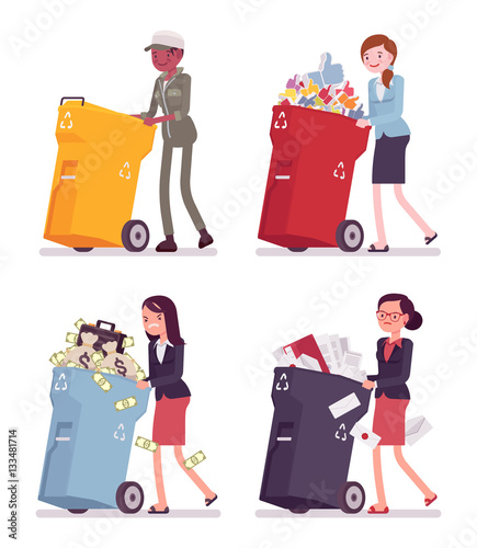 Women pushing trash bins with likes, money, documents