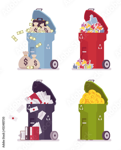 Set of trash bins with money, likes, paper, golden coins