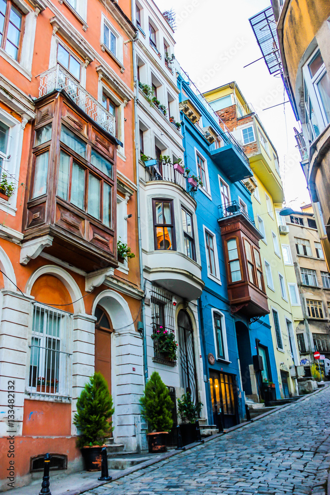 Narrow street with colourful houses. Istanbul, Turkey