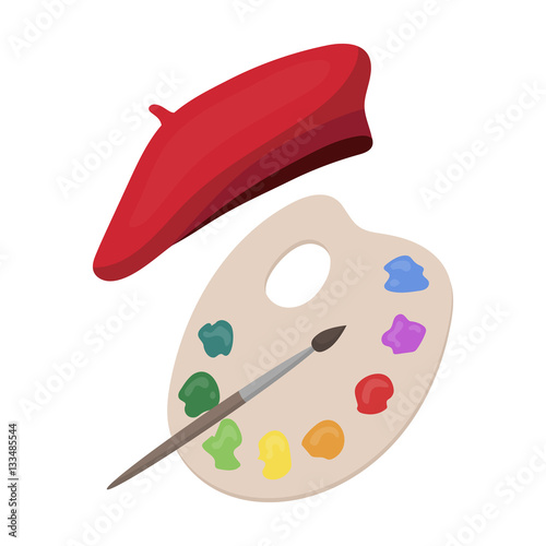 Painting palette and beret icon in cartoon style isolated on white background. France country symbol stock vector illustration.