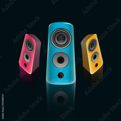 Realistic pink, blue and orange music speakers in the front and