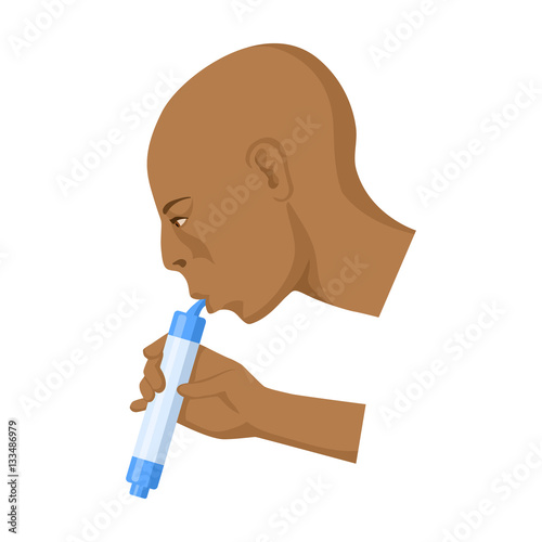 Man drink through compact filter icon in cartoon style isolated on white background. Water filtration system symbol stock vector illustration.