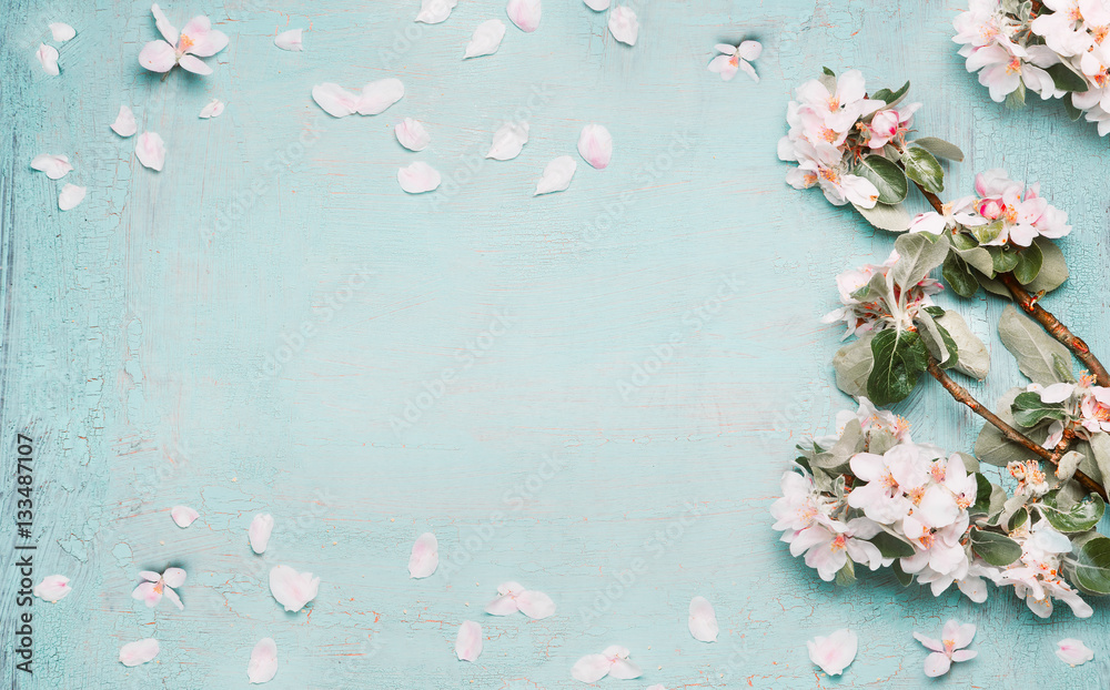 Spring nature background with lovely blossom in blue  pastel color, top view, banner. Springtime concept - obrazy, fototapety, plakaty 