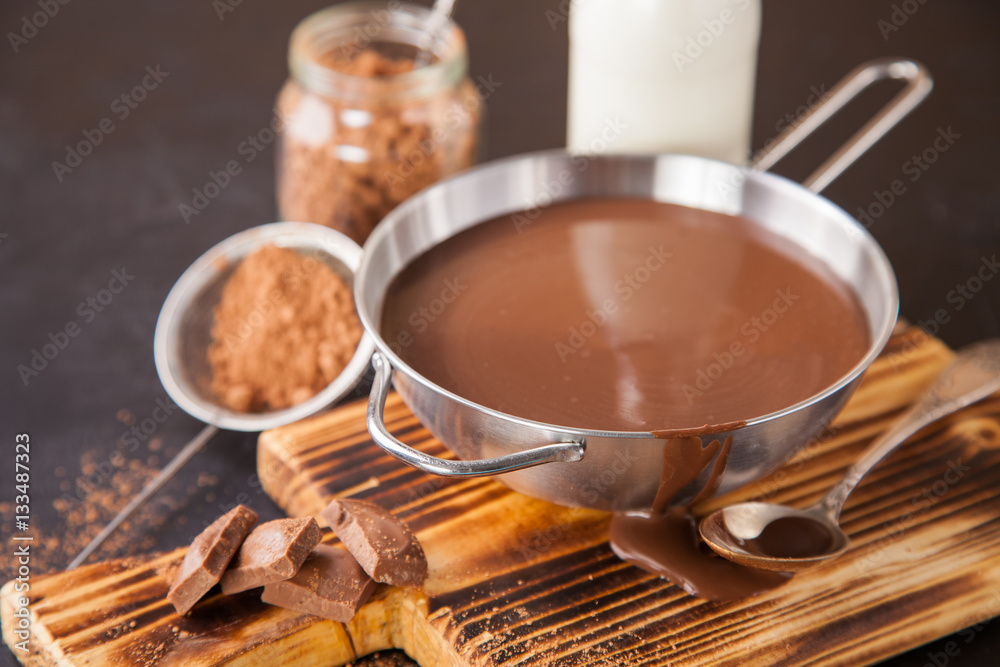 hot chocolate in a pan on a board, selective focus, copy space hot chocolate in a pan on a board, selective focus, copy space