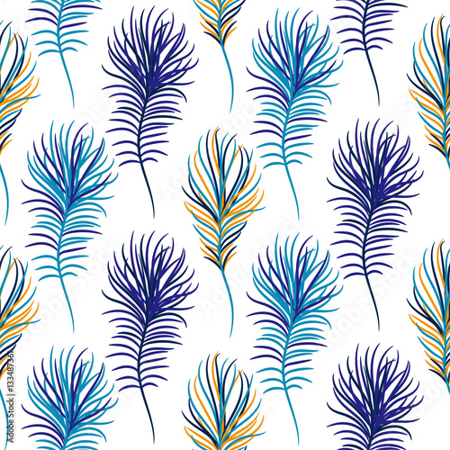Bird blue seamless vector pattern. Exotic feathers tileable print for textile or wrap paper.