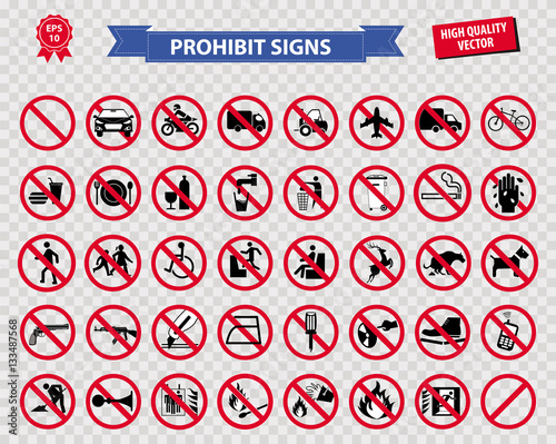 set of prohibited sign ( do not smoking, no drinking and eating, do not litter, no entry, no cellular phone, car prohibit sign, motorcycle prohibit sign, bicycle prohibit sign ) easy to modify