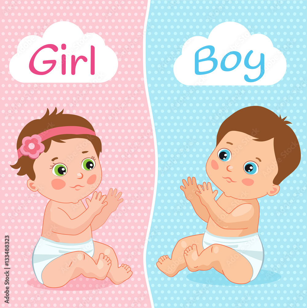 Baby Boy And Baby Girl Vector Illustration. Two Cute Cartoon Babies. Baby  Shower Invitation Card. Baby Boy And Baby Girl. Cute Toddlers. Stock Vector  | Adobe Stock