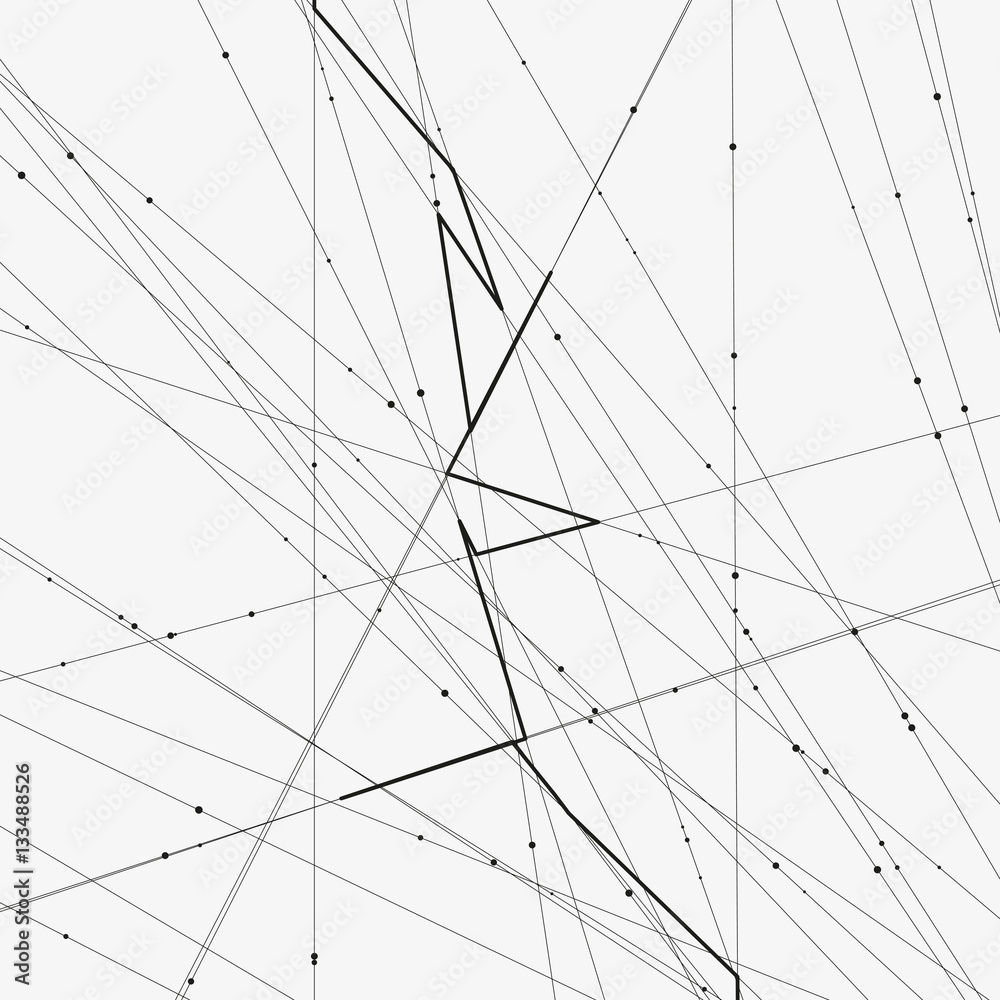 Monochrome minimalistic vector illustration. Modern schematic background with crossing lines and random dots. Element of design. Monochrome minimalistic vector illustration. Modern schematic background with crossing lines and random dots. Element of design.