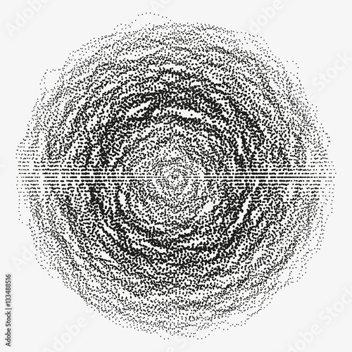 Abstract monochrome vector background illustration made of shuffled particles. Round random decorative composition. Swarm of dots. Modern element of design.