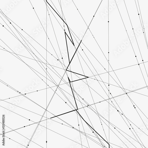 Monochrome minimalistic vector illustration. Modern schematic background with crossing lines and random dots. Element of design.