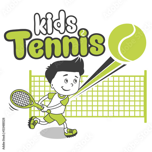 Young Boy. Boy Playing Tennis. Kids Tennis. Vector Illustration on White Background. Tennis in College. Tennis For Beginners. Player, Young Sportsman. Trainee Happy Player Junior.