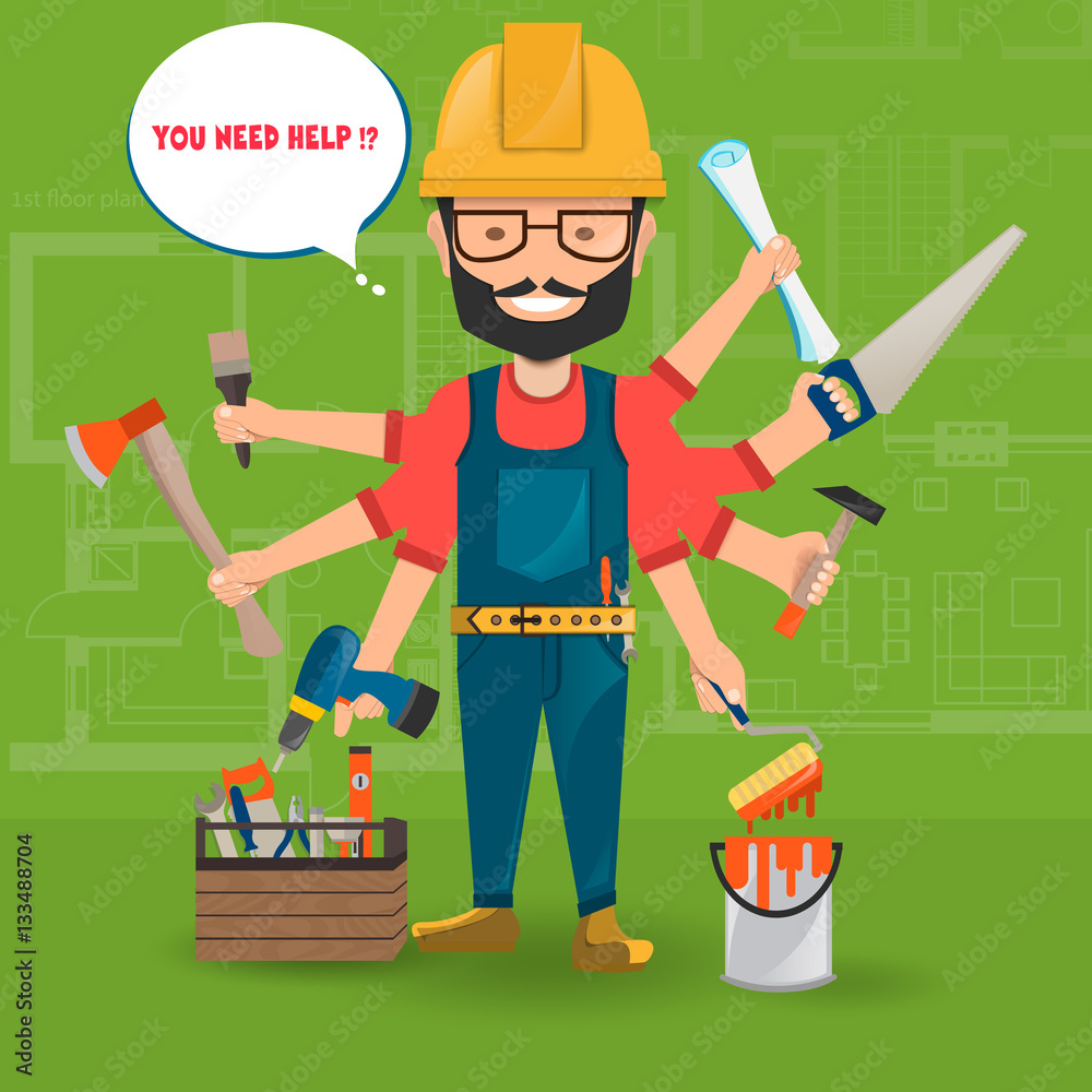 Construction worker with hand party. Vector set of builder with ...