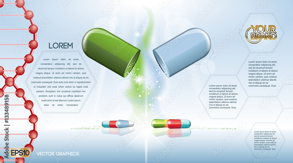 Digital vector green and blue medicine pill mockup and dna mesh, with ...