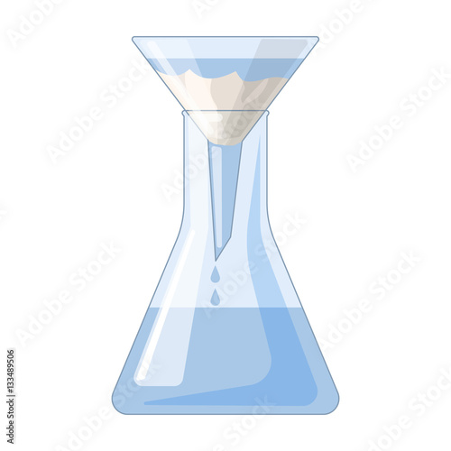 Filtration of water solution in a conical flask icon in cartoon style isolated on white background. Water filtration system symbol stock vector illustration.
