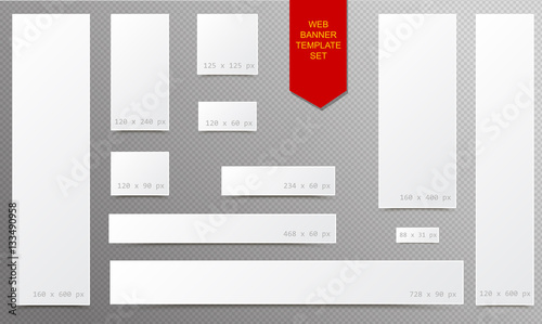 Standard size empty white blank web banner set with curled edges effect and shadow isolated on transparent background. Vector internet advertising template