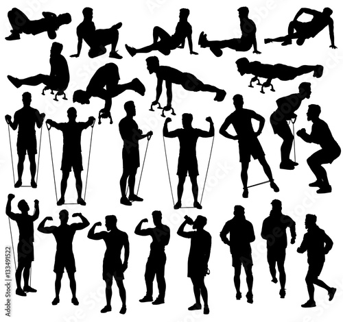Collection of different exercise silhouettes with resistance bands, foam roller and push up bars. Easy editable layered vector illustration.