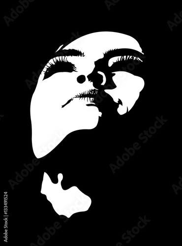 Close up clip art abstract portrait of woman with head tilted back looking up.  Easy editable layered vector illustration.
