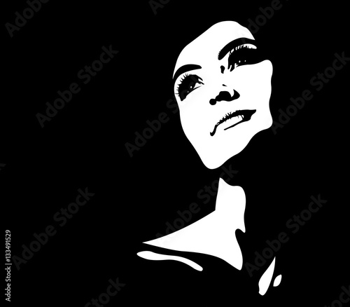 Clip art abstract portrait of young pensive happy illuminated woman looking up smiling.  Easy editable layered vector illustration.