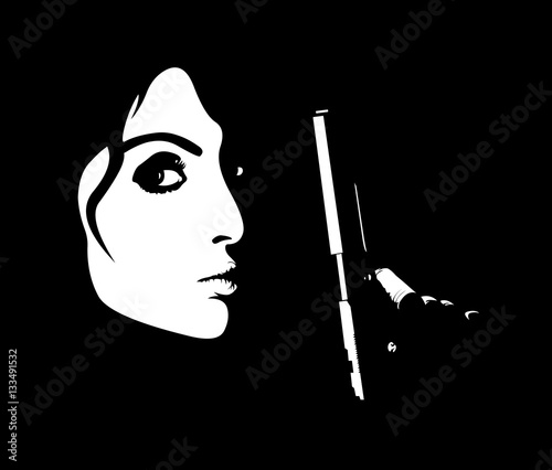 Minimalistic portrait of young dangerous woman holding handgun.  Easy editable layered vector illustration.