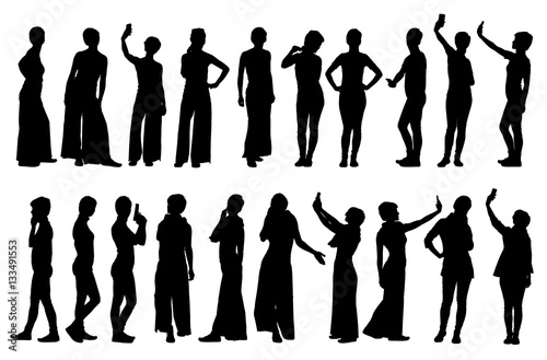 Collection of different short hair woman silhouettes in various lifestyle poses. Easy editable layered vector illustration.