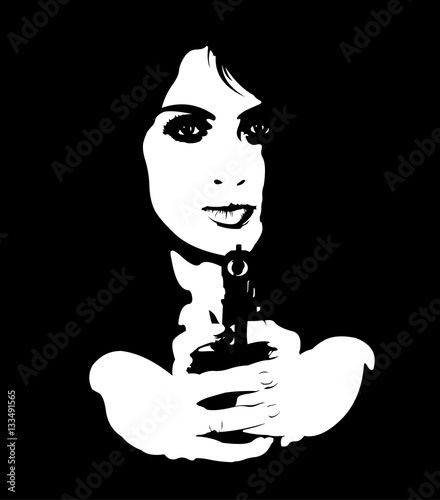 Black and white portrait of young dangerous female spy aiming gun at camera. Easy editable layered vector illustration.