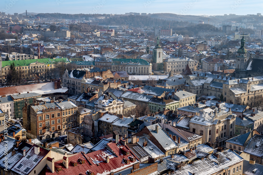 Winter panorama - landscape of Lvov in sunny day from tower