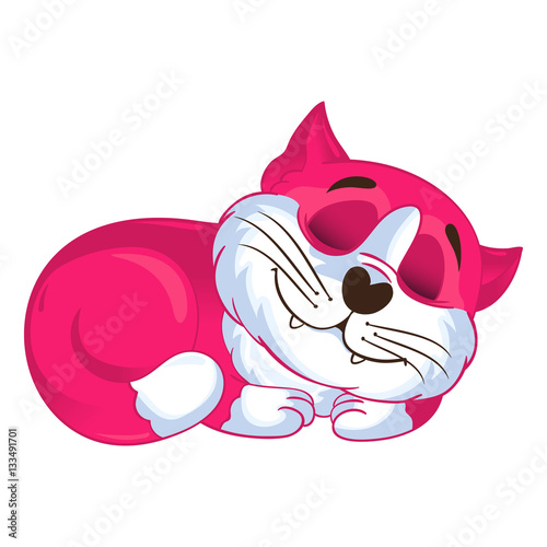 Cartoon vector pink curled up and purring. Vector illustration.
