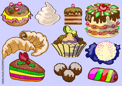  cartoon  set  sweet , pastries, cake,  bun with cream , cookies, candy