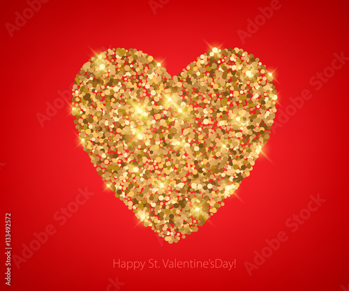 Golden glitter sequins heart on red background.