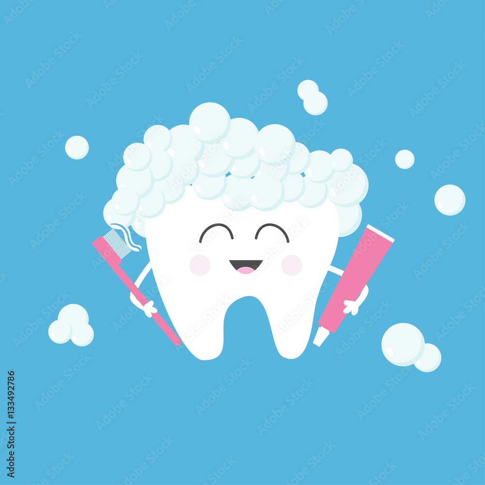 Healthy tooth holding toothpaste and toothbrush. Bubbles foam. Cute ...