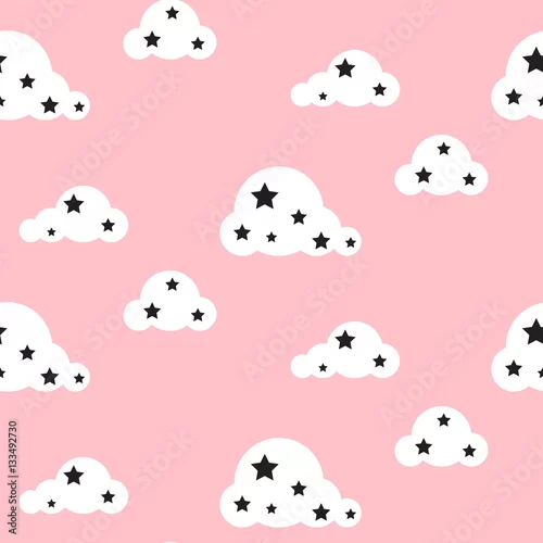 Tapety Zachmurzone niebo różowe dziecko bez szwu wektor wzór. Szare tło. Minimalistyczny dziecięcy materiał tekstylny w stylu cartoon skandynawski ornament.