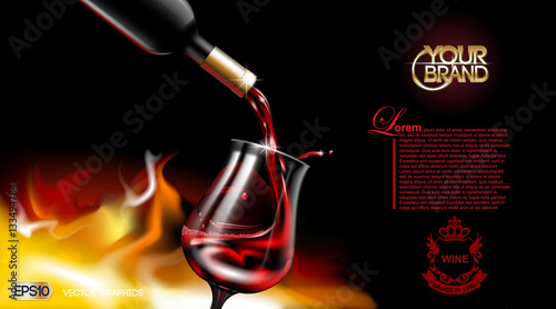 Vector Realistic Pouring Red Wine Glass. Logo advertise mock up. Vibrant background with place for your branding. 3d illustration  future design of  product