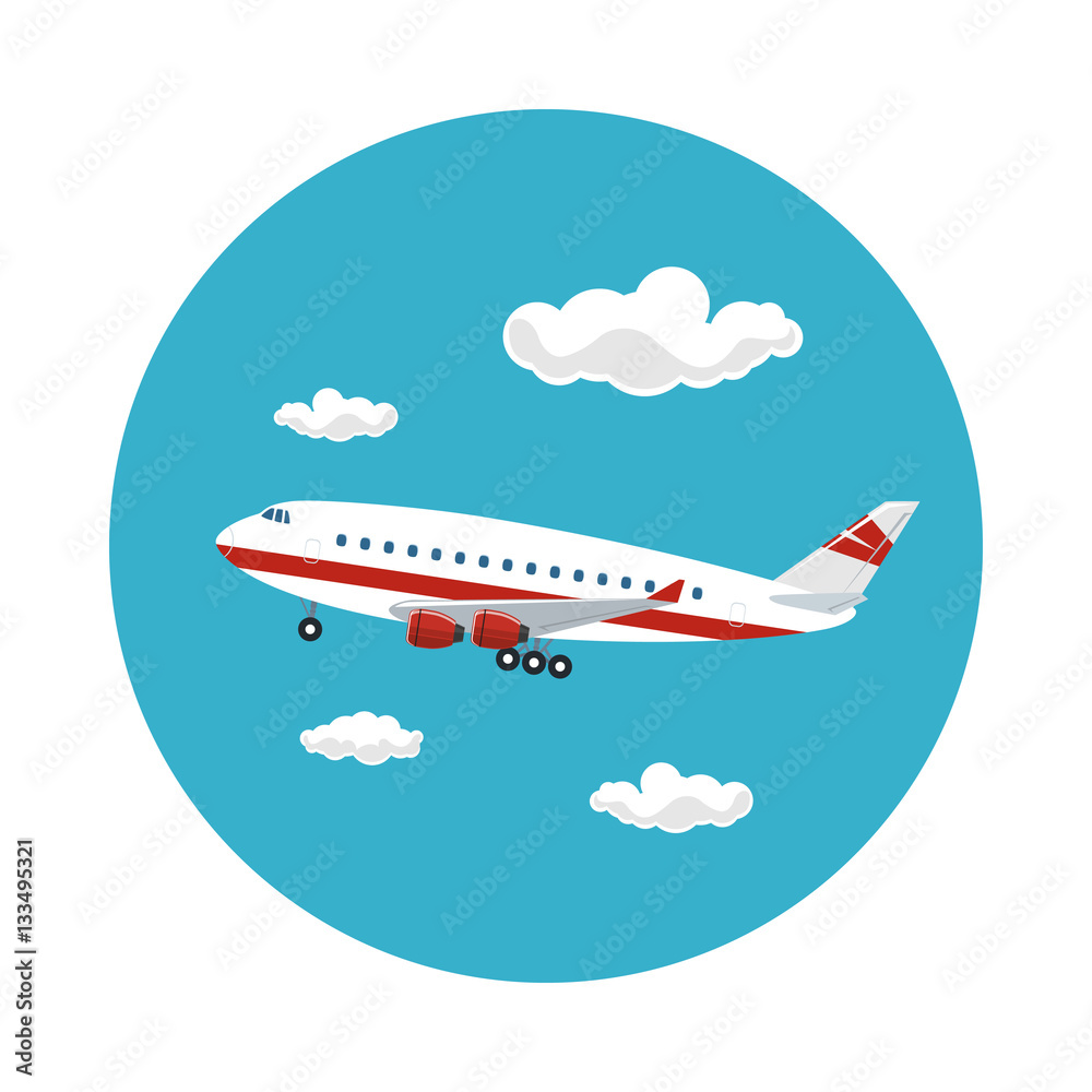 Airplane Flying in the Sky among the Clouds to the West, Travel and Tourism Concept , Air Travel and Transportation, Vector Illustration