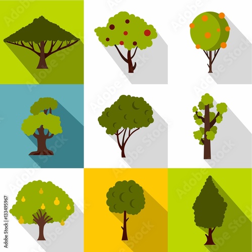Types of trees icons set, flat style