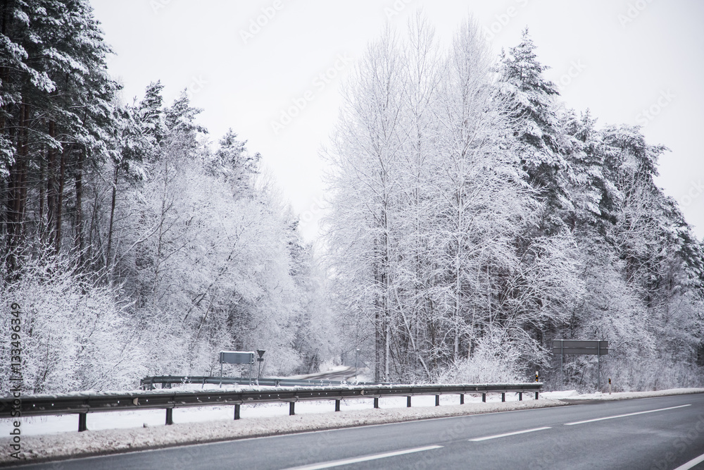 A beautiful winter landscape in nordic Europe, in gray, overcast day