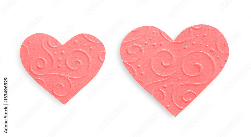 Pastel pink patterned paper hearts isolated on white background, valentine