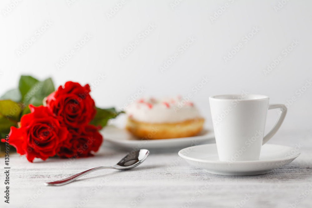 Valentines day breakfast serving with red roses Valentines day breakfast serving with red roses