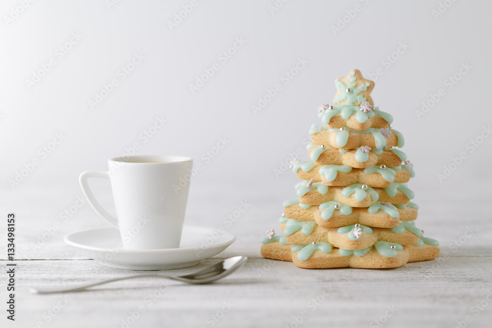 Winter coffee with gingerbread tree cookies Winter coffee with gingerbread tree cookies