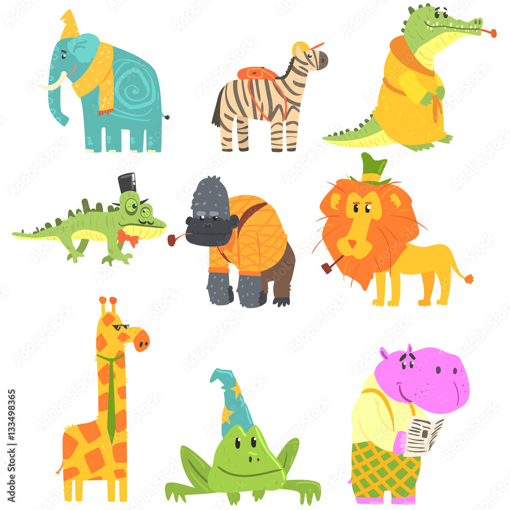 African Animals With Human Attributes And Clothing Set Of Comic Cartoon ...