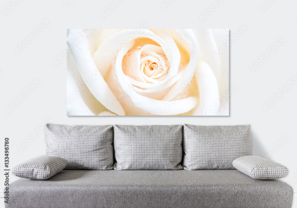 Interior decor mock up. Floral wallpaper with beautiful white rose ...