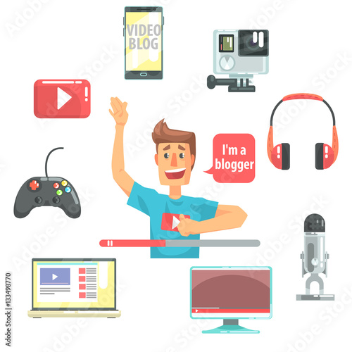 Guy Video Blogger And His Recording Equipment, Set Of Blog And On Line Blogging Icons Around A Show Host