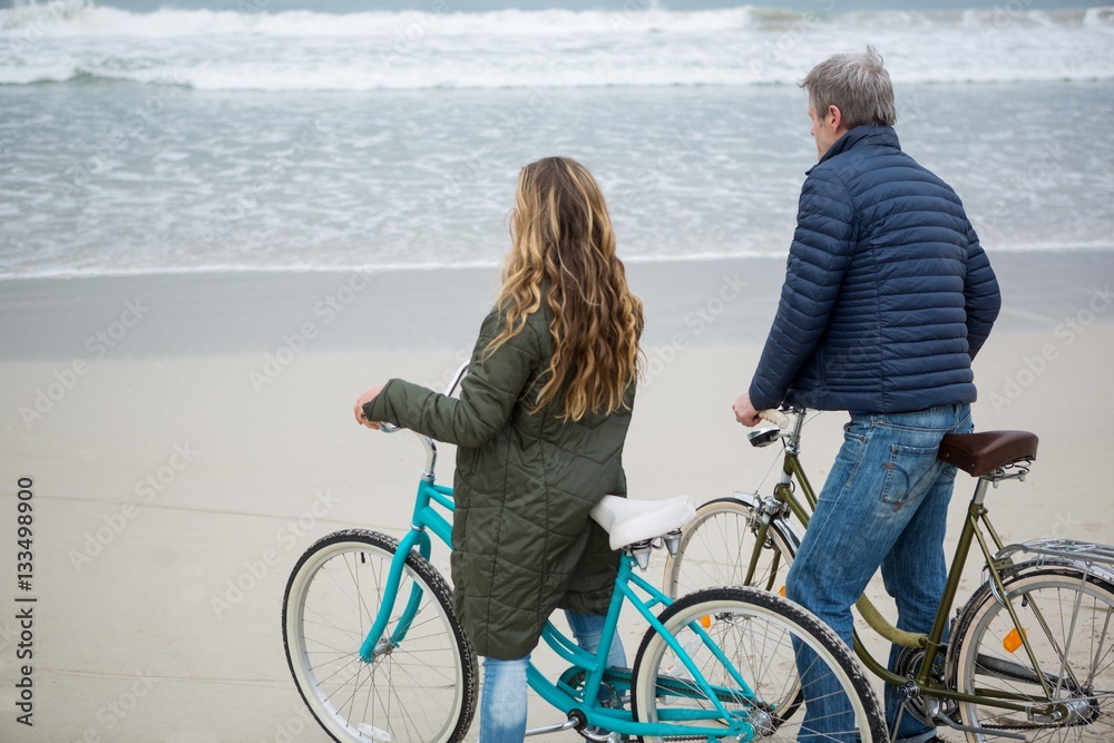 Couple standing with bicycle on beach