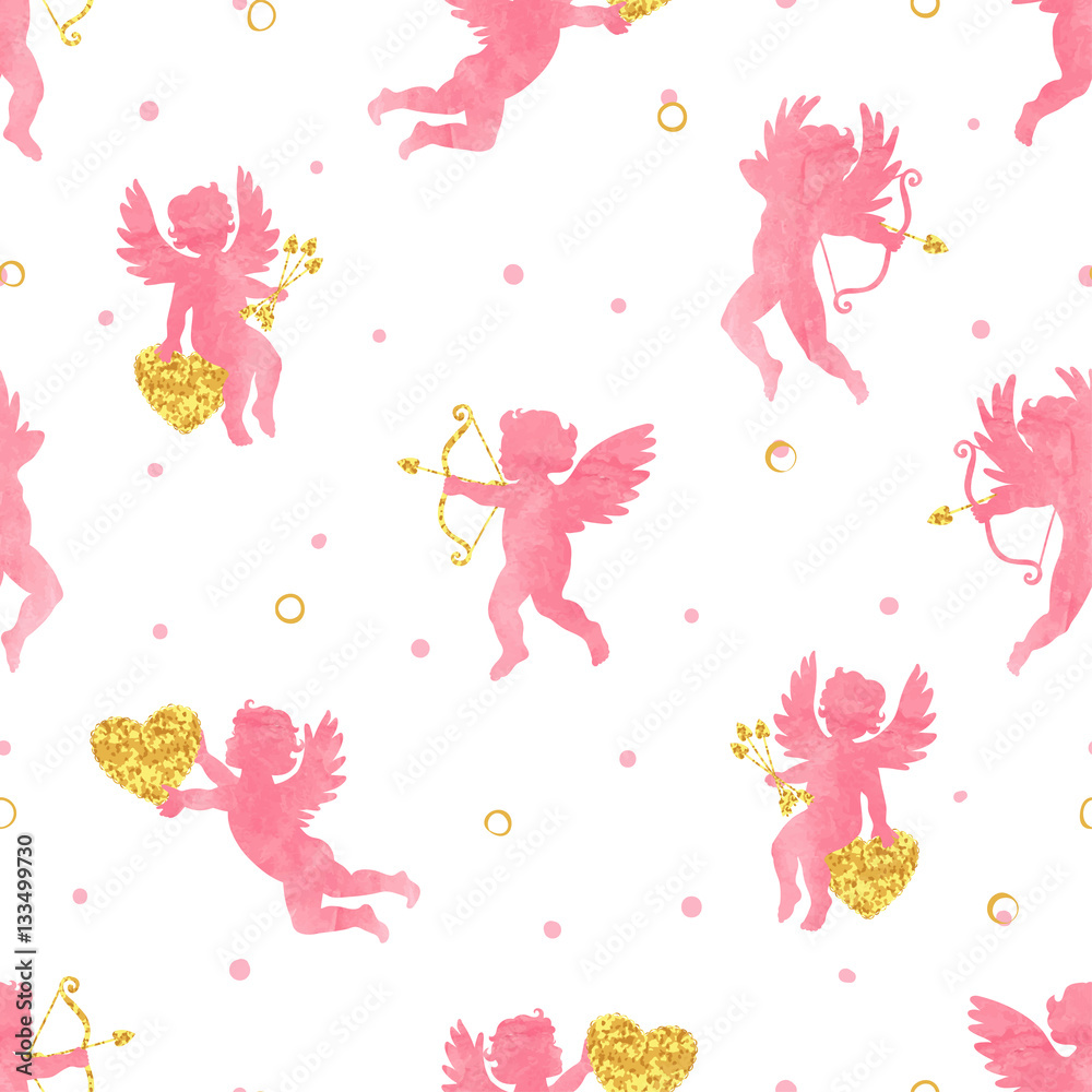Seamless pattern with cute watercolor Cupids. Valentines Day vector design. Seamless pattern with cute watercolor Cupids. Valentines Day vector design.