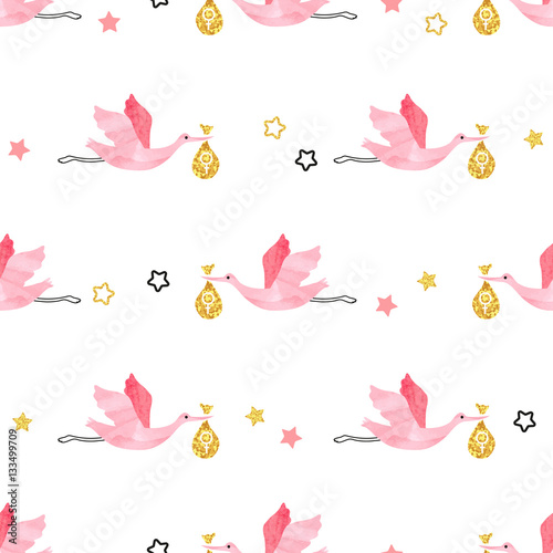 Baby Shower girl seamless pattern with pink watercolor storks. Vector illustration. 