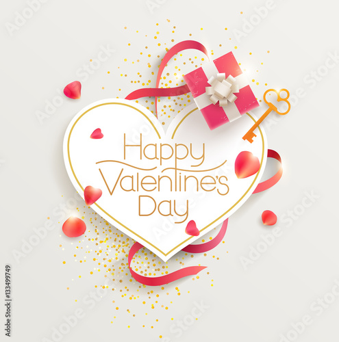 Romantic valentine's day. Greeting card with gift and rose petals.