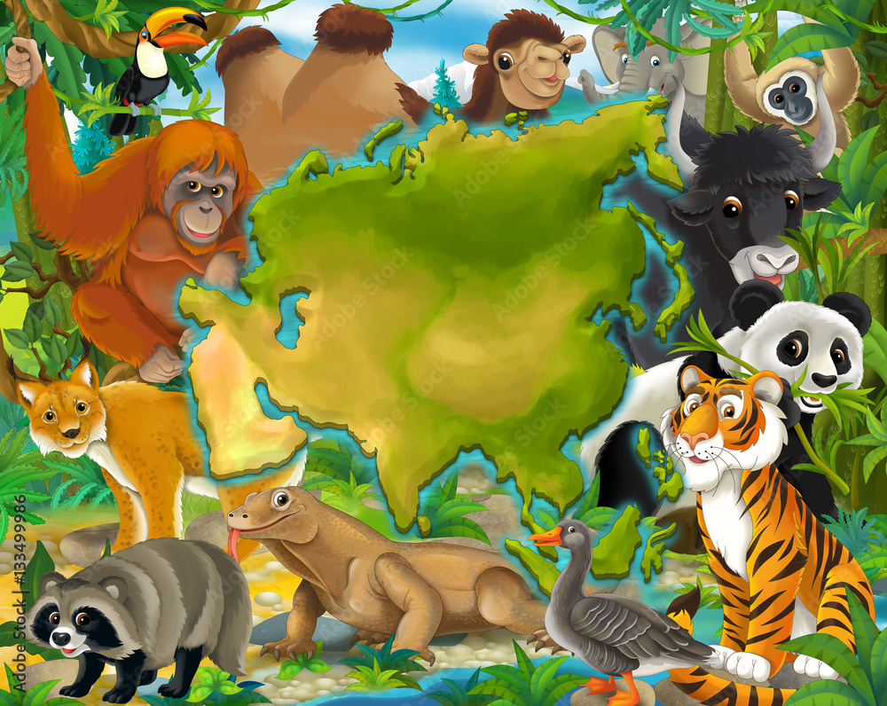 Fototapeta premium Animowane zwierzęta Azji - mapa - miejsce na tytuł - ilustracja dla dzieci